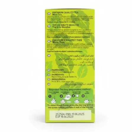 Back side of Fenjan Mint Tea box with preparation instructions and ingredients