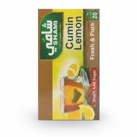 Box of Shami brand cumin lemon tea bags with lemon slice and tea cup image