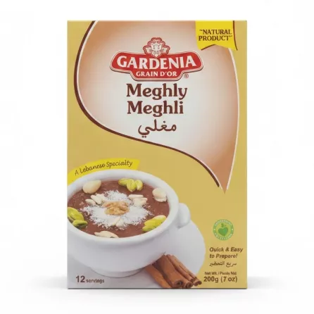 Close-up front view of Gardenia Meghly Meghli packaging showing product details