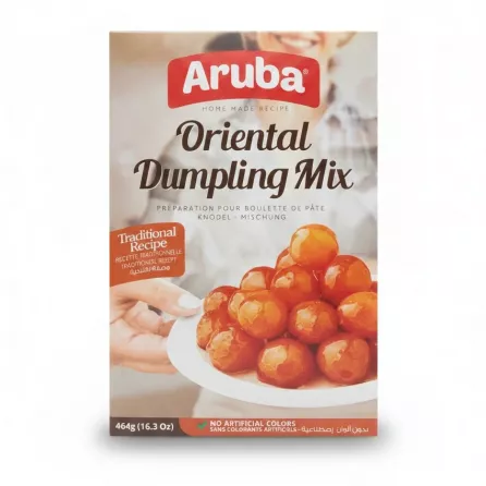 Box of Aruba Oriental Dumpling Mix front side with image of cooked dumplings