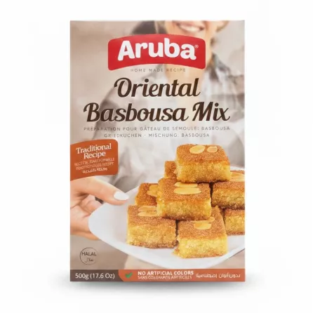 Box of Aruba Oriental Basbousa Mix with image of golden basbousa squares