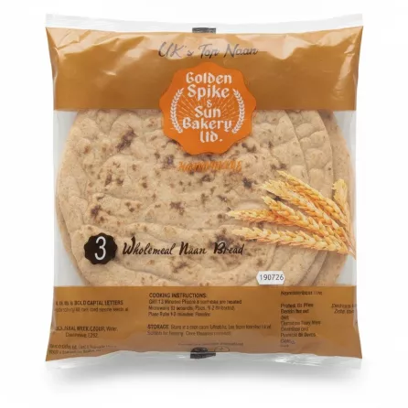 Pack of three wholemeal naan breads in plastic packaging