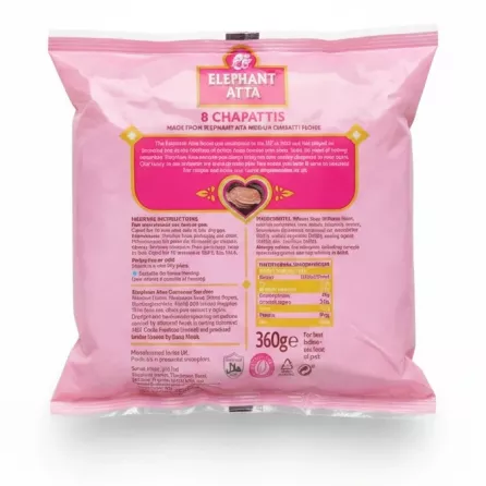 Back of Elephant Atta chapatti pack showing ingredients and nutritional info