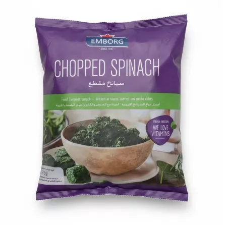 Emborg brand bag of chopped frozen spinach with bowl of cooked spinach on front