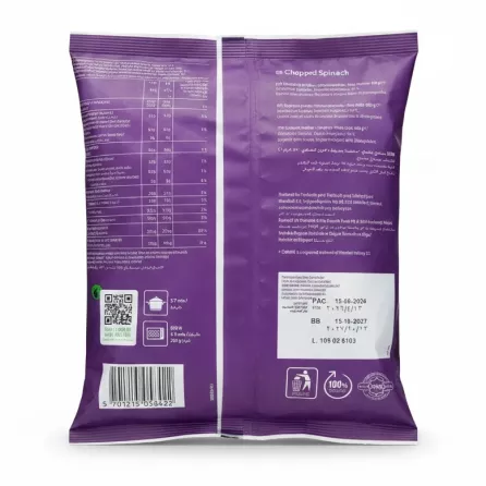 Back of Emborg chopped spinach bag showing cooking instructions and nutritional information