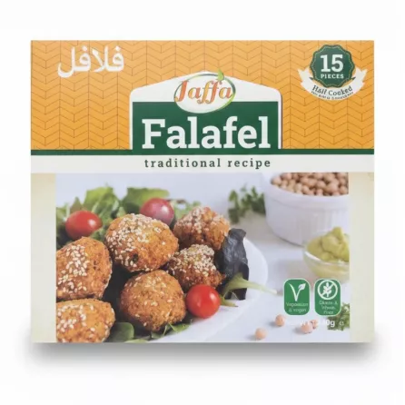 Close-up view of box packaging for Jaffa Falafel traditional recipe