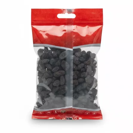 Back view of dried currants packet showing resealable pack and dried currants inside