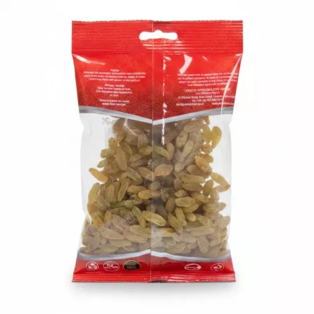 packaged green raisins in red resealable bag back view