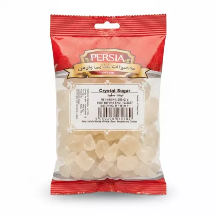 Packet of Persia Crystal Sugar showing crystals inside clear packaging