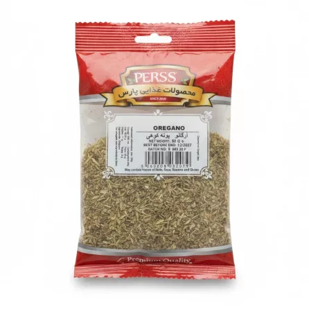 Packet of dried oregano herb with red and clear packaging