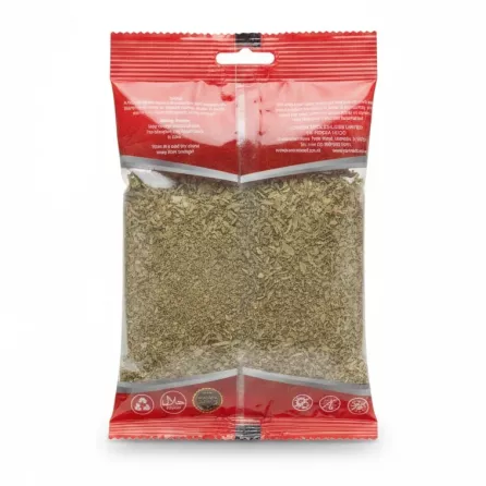 Back of oregano packet showing nutritional information and storage advice