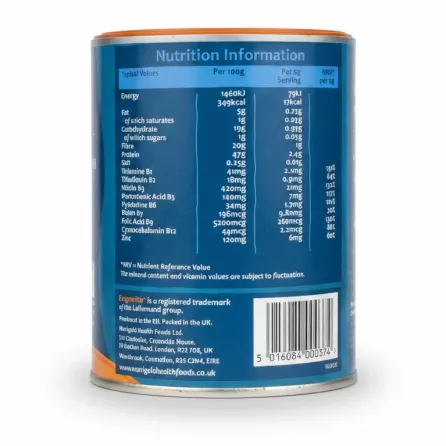 Nutrition facts and barcode on Marigold Engevita yeast flakes container