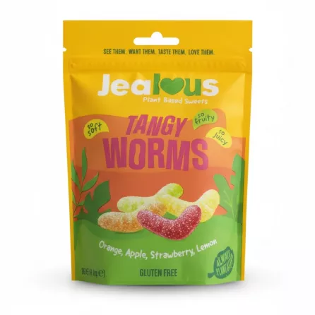 Pack of Jealous brand plant based tangy gummy worms in bright yellow and green resealable bag