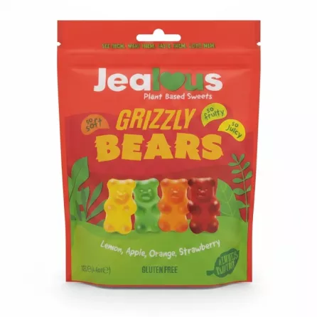 Packet of Jealous Grizzly Bears plant based gummy sweets with lemon, apple, orange, and strawberry flavours