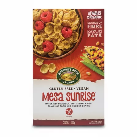 Front view of Nature's Path Organic Mesa Sunrise Cereal box showing crispy corn flakes with raspberries