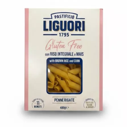 Liguori gluten free penne rigate pasta front packaging with window showing pasta