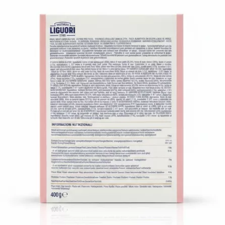 Nutritional information and ingredients list on the back of Liguori gluten free penne rigate