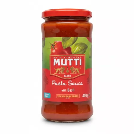 Jar of Mutti Pasta Sauce with Basil showing front label
