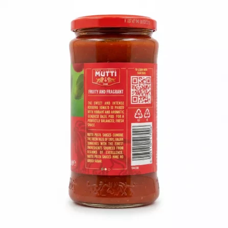 Back label of Mutti Pasta Sauce with Basil featuring description and barcode
