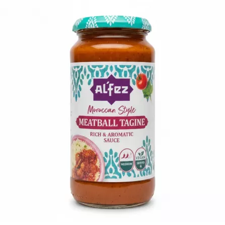 Jar of Al'Fez Moroccan Style Meatball Tagine Sauce with vibrant label