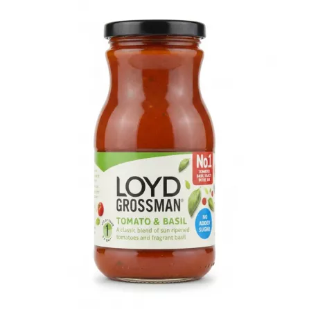 Jar of Loyd Grossman Tomato & Basil Sauce front label