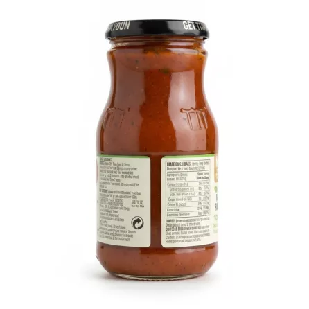 Back view of Loyd Grossman Tomato & Basil Sauce with nutritional info