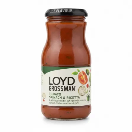 Jar of Loyd Grossman Tomato Spinach Ricotta Sauce with label showing ingredients