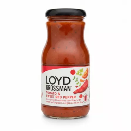 Glass jar of Loyd Grossman Tomato & Sweet Red Pepper Sauce with label showing tomatoes and red pepper