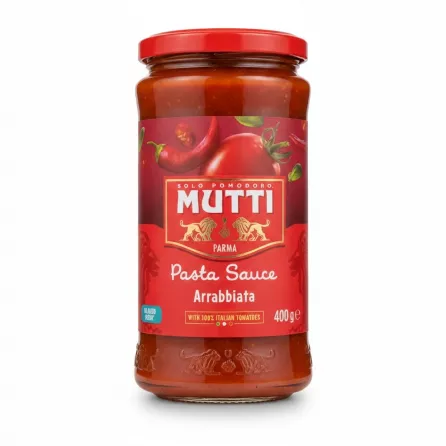 Jar of Mutti Arrabbiata pasta sauce with red lid and red label