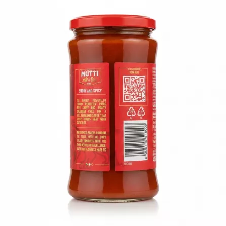 Back view of Mutti Arrabbiata pasta sauce jar showing QR code and product description