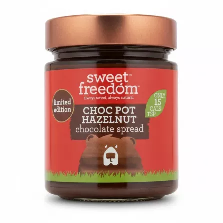 Jar of Sweet Freedom Choc Pot Hazelnut chocolate spread with red label and brown lid
