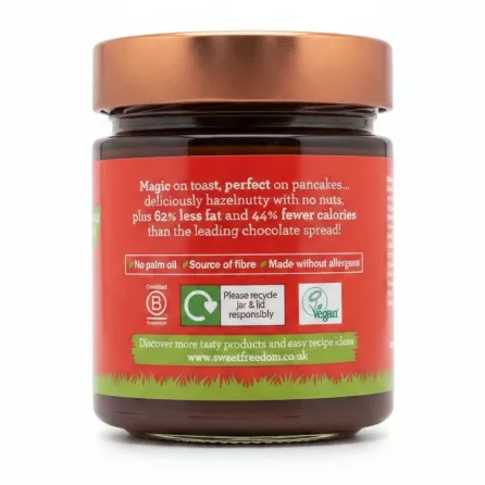 Back of Sweet Freedom Choc Pot jar showing product benefits and recycling logos