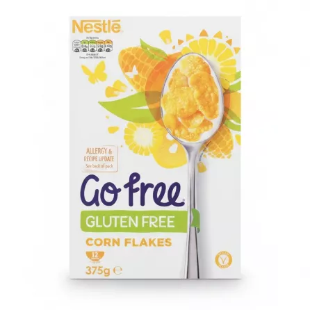 Box of Nestlé Go Free Gluten Free Corn Flakes showing front packaging with corn flakes in spoon illustration