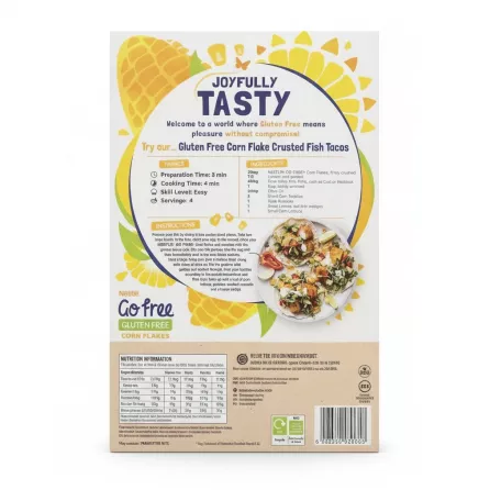Back of Nestlé Go Free Gluten Free Corn Flakes box with recipe for gluten free corn flake crusted fish tacos and nutritional information