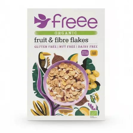 Box of Freee Organic Fruit & Fibre Flakes cereal showing front design with bowl of flakes