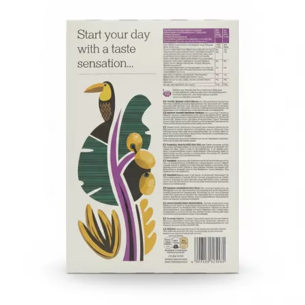 Back of the Freee Fruit & Fibre Flakes box with nutritional information and product description