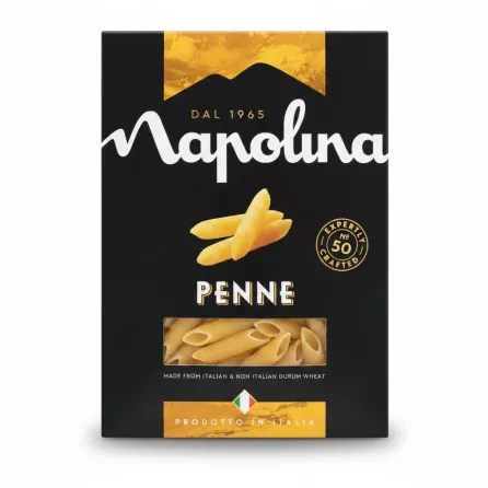 Box of Napolina Penne pasta showing dry penne visible through window