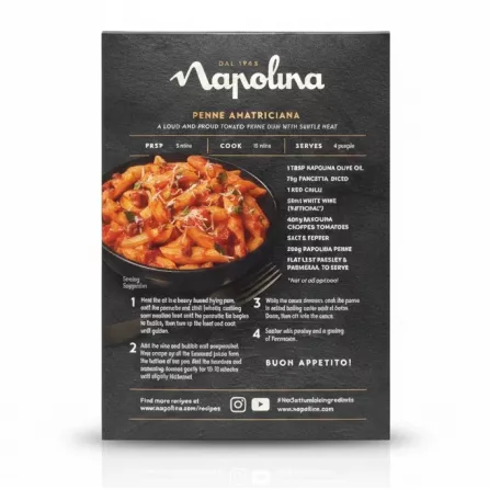 Back of Napolina Penne pasta box with recipe and cooking instructions