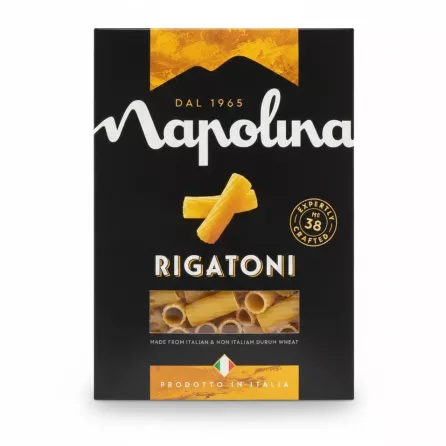 Box of Napolina Rigatoni pasta with black and orange packaging