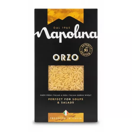 Box of Napolina Orzo pasta showing the unique small rice-shaped pasta.