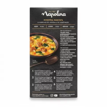 Back of Napolina Orzo box with soup recipe and cooking instructions.