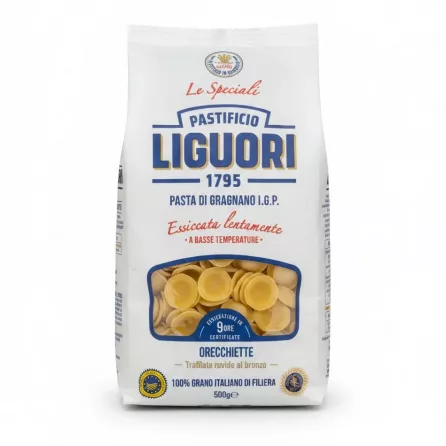 Liguori Orecchiette pasta pack front showing branding and pasta shape