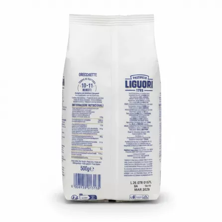 Back of Liguori Orecchiette pasta pack with cooking and nutritional info