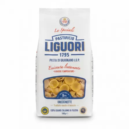 Pack of Liguori Orecchiette pasta showing front design and pasta shape