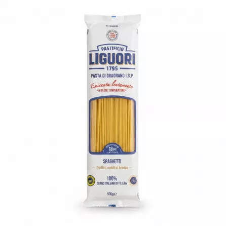 Package of Pastificio Liguori Spaghetti showing front with clear spaghetti strands visible