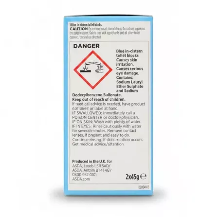 Back packaging of ASDA blue toilet in cistern blocks with caution and usage info