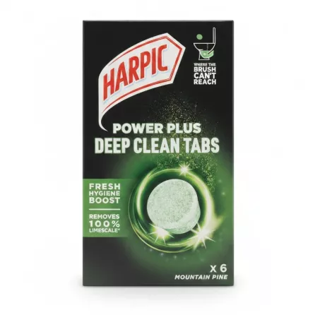 Box of Harpic Power Plus Deep Clean Tabs Mountain Pine showing front with branding and product details