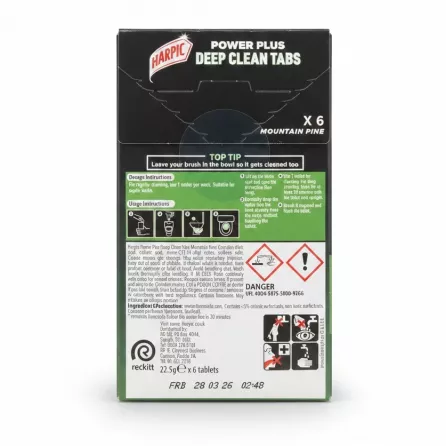 Back of Harpic Power Plus Deep Clean Tabs box with dosage and usage instructions