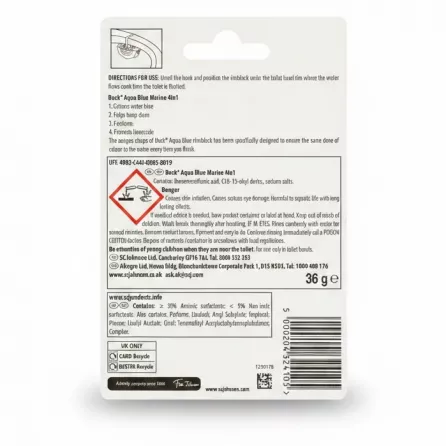 Duck Aqua Blue Marine toilet rimblock packaging back showing instructions and ingredients