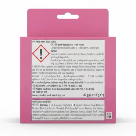 Back label of Duck Fresh Boost Pink Peony showing ingredients and warnings